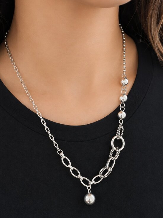 Jewelry - 925 Sterling Silver Chain Link Ball Necklace Modern Asymmetric Bead Necklace